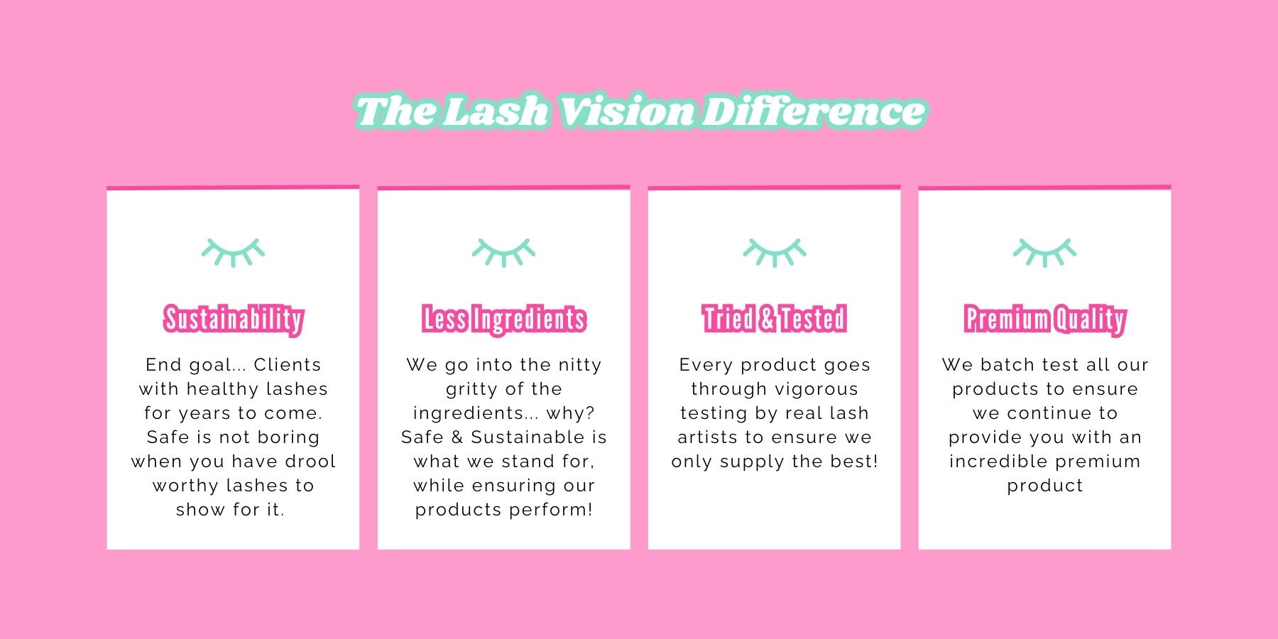 the lash vision difference, sustainability, less ingredients, tried and testes, premium quality eyelash extension supplies